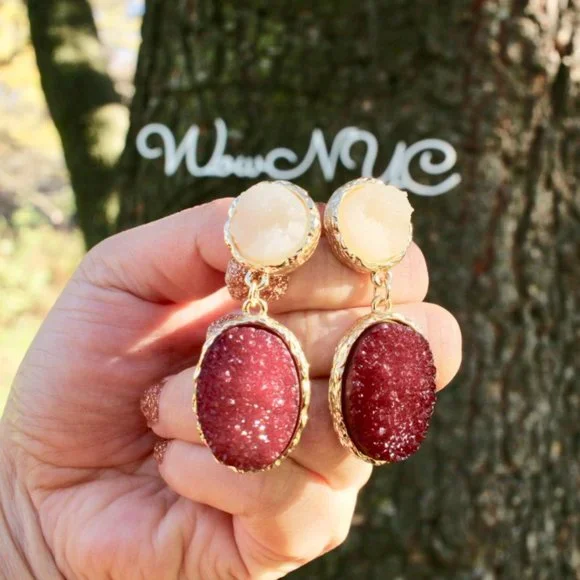 Anthropologie Druzy Wine Teardrop Dangle Earrings - Picture 7 of 12